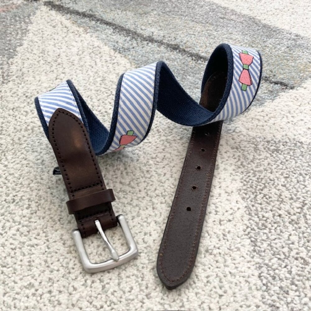 Vineyard Vines Boys Size 30 XL Kentucky Derby Seersucker Leather Bow Tie Belt
